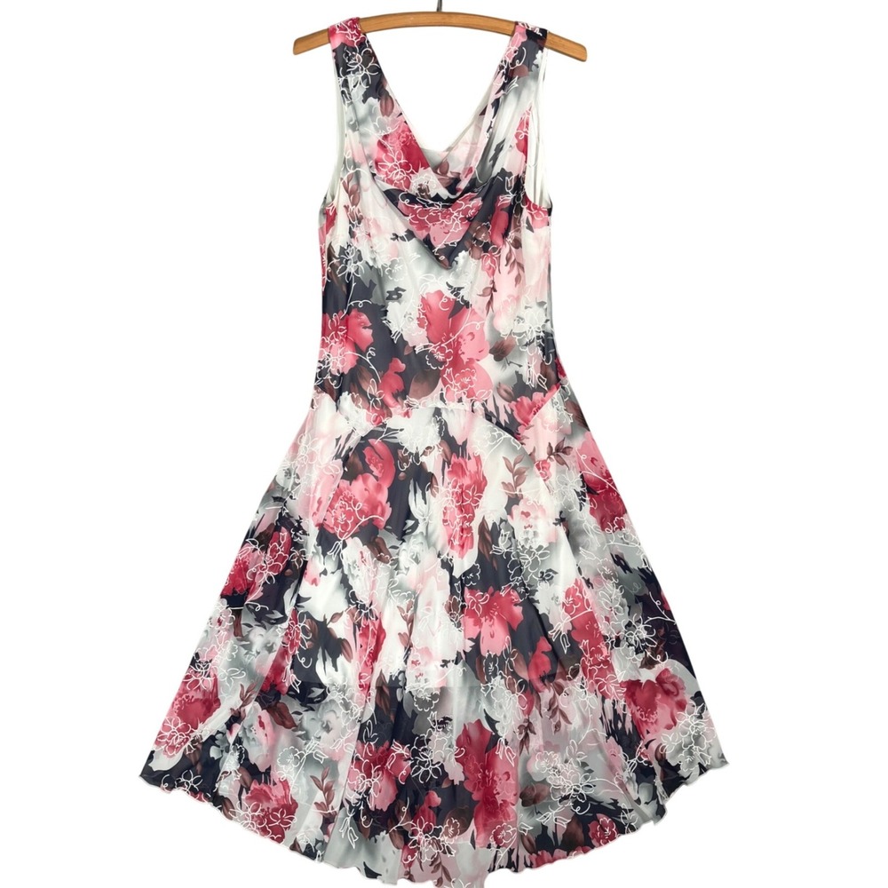 Vtg Signature by Robbie Bee Floral Cowl‎ Neck Handkerchief Hem Dress Pink Fits S
